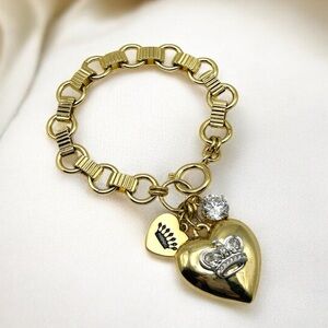 Juicy Couture Gold Tone Fancy Link Bracelet with Solid Chunky Heart CZ Charm 7”